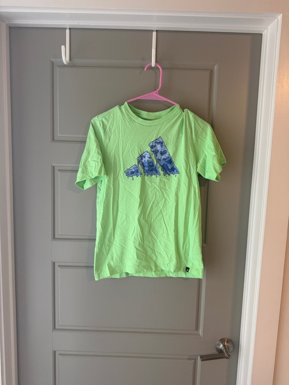 adidas Neon Green Short Sleeve Tee with Blue Graphic Trefoil